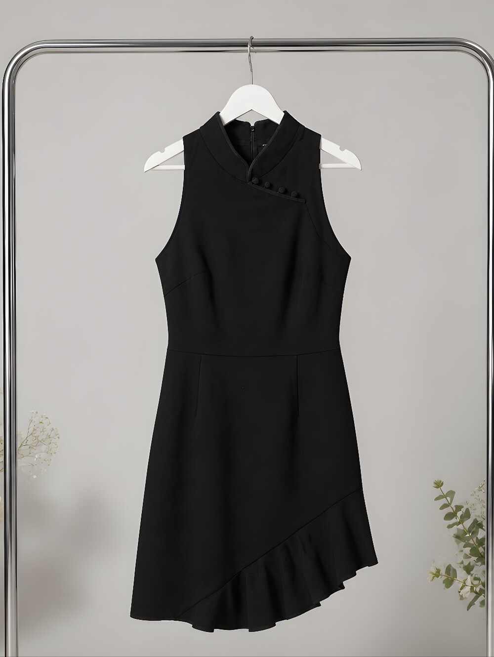 Natori Black Sleeveless Asymmetric Ruffle Dress